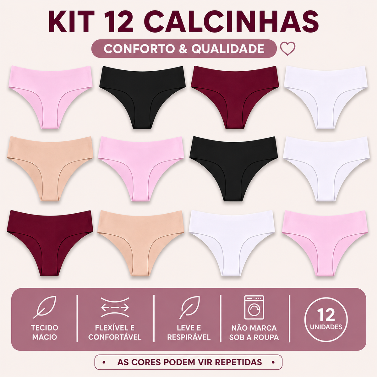 Kit 12 Calcinhas Fio Dental Sem Costura Invisível Sob a Roupa