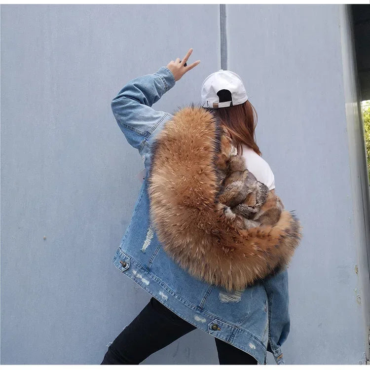 Jaqueta Parka Jeans Feminina com Forro Capuz Removível