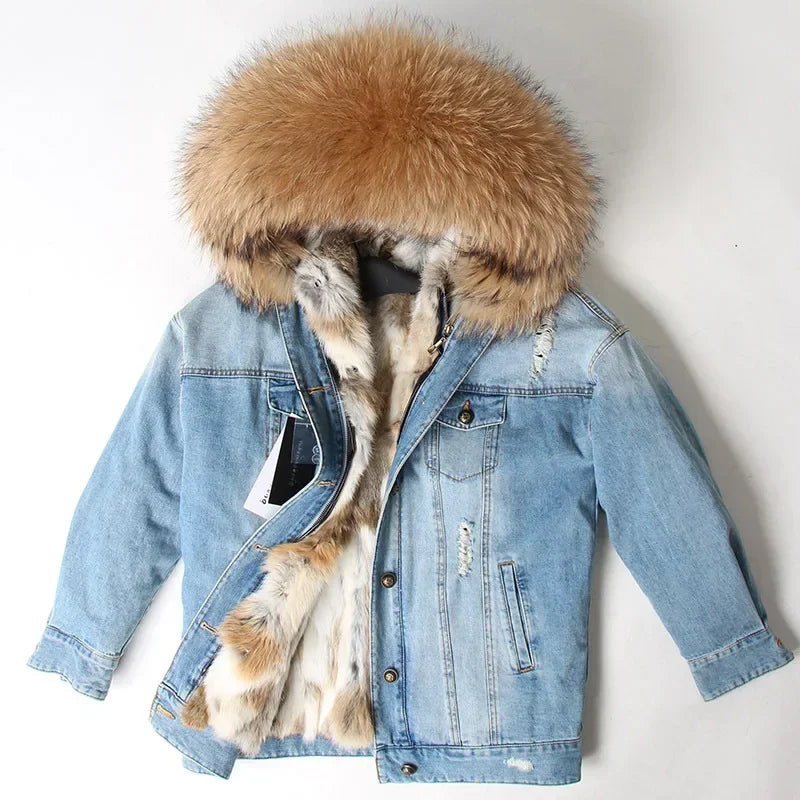 Jaqueta Parka Jeans Feminina com Forro Capuz Removível