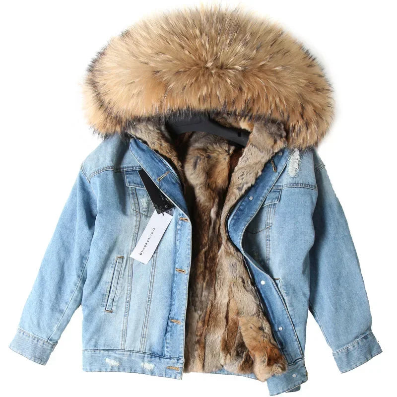 Jaqueta Parka Jeans Feminina com Forro Capuz Removível