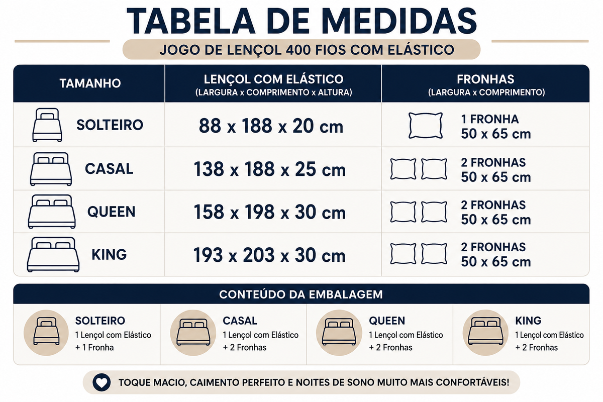 Jogo De Lençol 400 Fios Com Elástico Tecido Liso