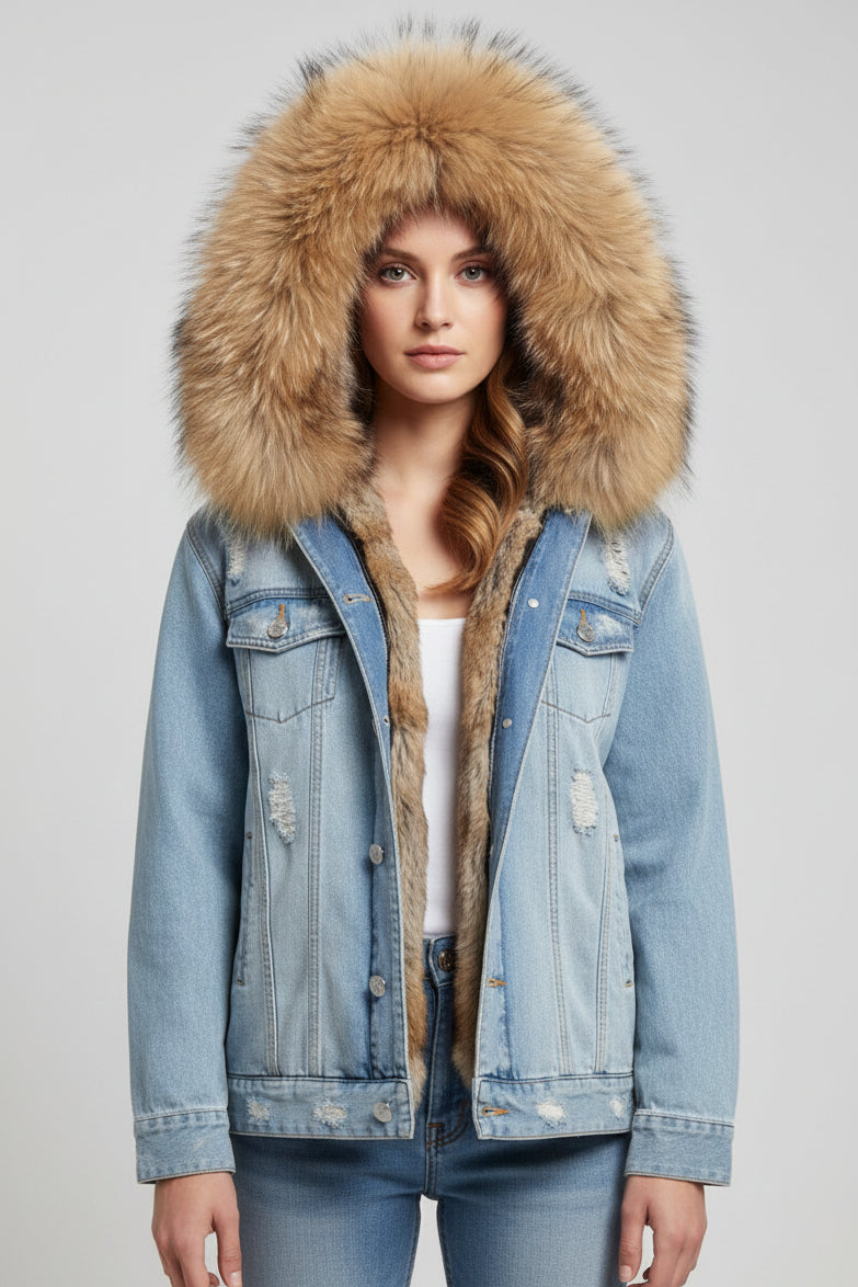 Jaqueta Parka Jeans Feminina com Forro Capuz Removível