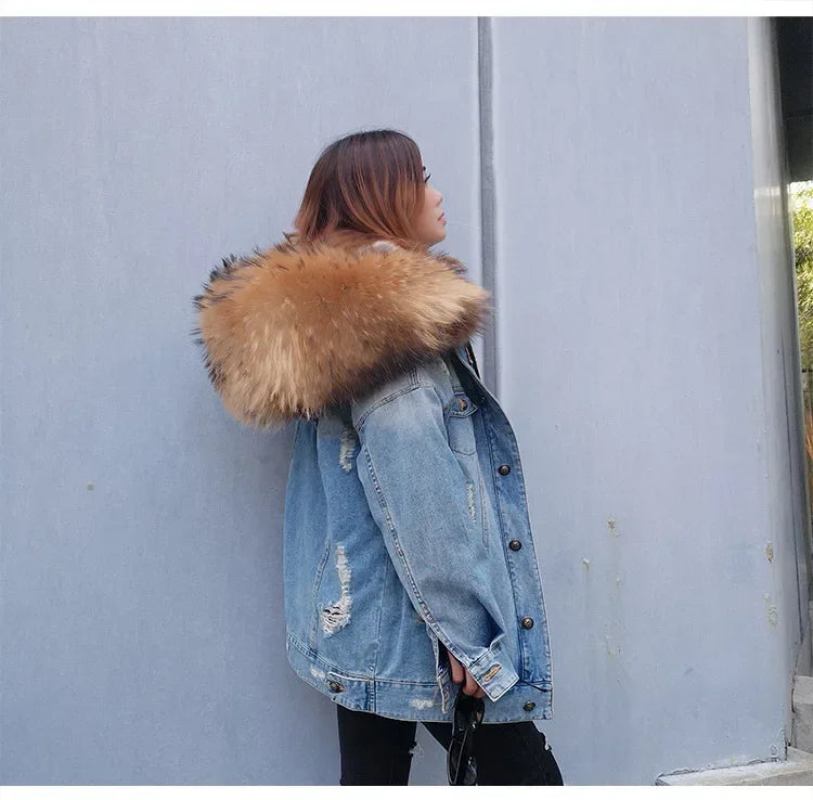 Jaqueta Parka Jeans Feminina com Forro Capuz Removível